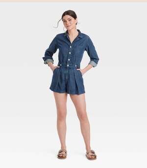 Universal Thread Women's Long Sleeve Button-Down Pleated Denim Romper size 6